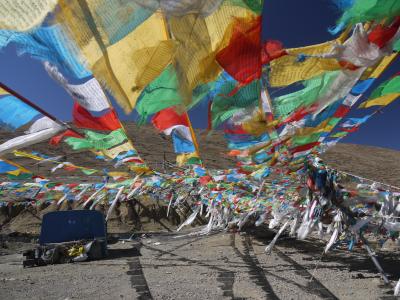 Prayer flags at the Tola pass near Tingri, Tibet